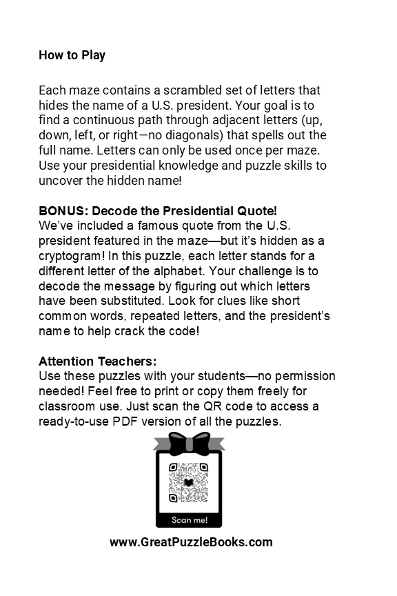 US Presidents Letter Mazes & Cryptograms